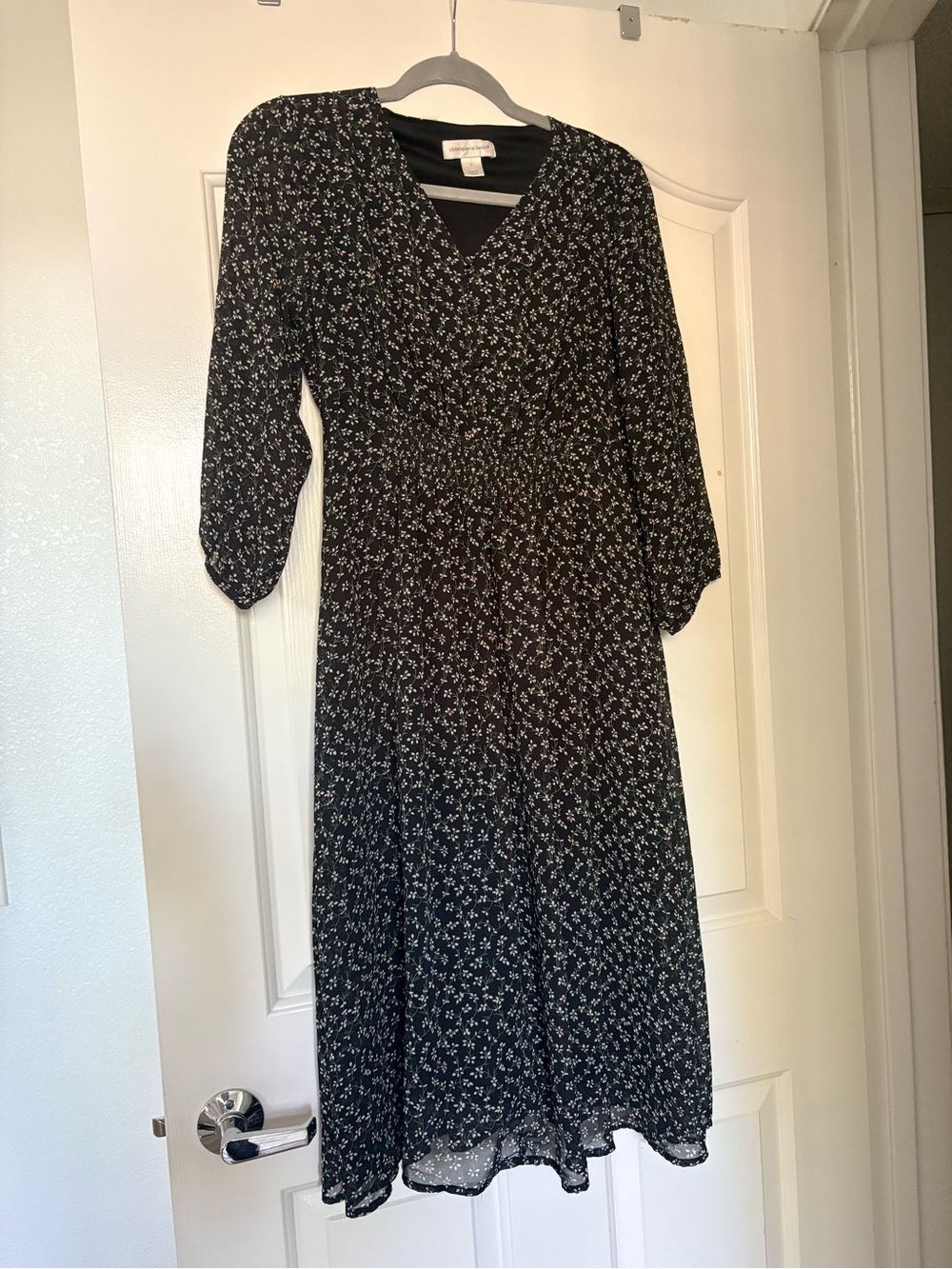 Christopher & Banks Black Floral Midi Dress with V-Neck